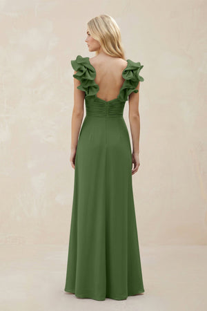 Ruffled Sleeves A - Line Chiffon Sweetheart Bridesmaid Dress in Moss - KissProm Bridesmaid Dresses