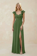 Ruffled Sleeves A - Line Chiffon Sweetheart Bridesmaid Dress in Moss - KissProm Bridesmaid Dresses