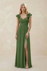Ruffled Sleeves A - Line Chiffon Sweetheart Bridesmaid Dress in Moss - KissProm Bridesmaid Dresses