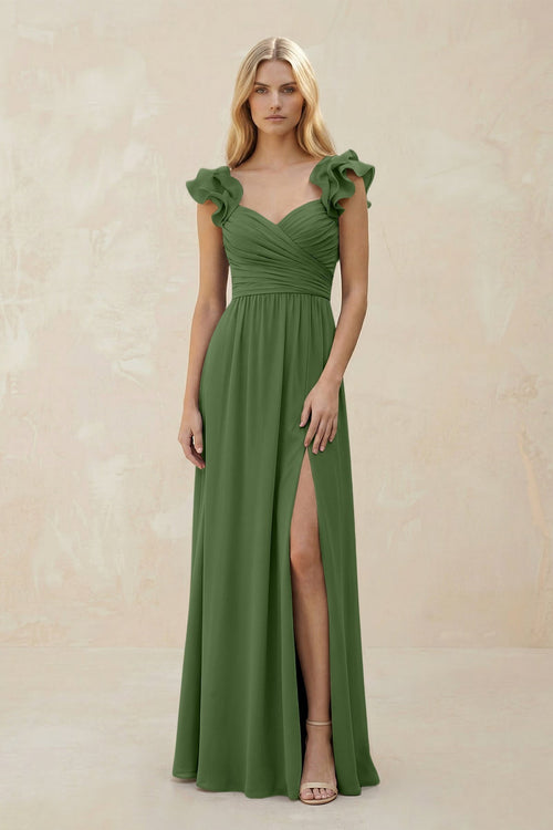 Ruffled Sleeves A - Line Chiffon Sweetheart Bridesmaid Dress in Moss - KissProm Bridesmaid Dresses