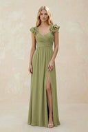 Ruffled Sleeves A - Line Chiffon Sweetheart Bridesmaid Dress in Moss Green - KissProm Bridesmaid Dresses