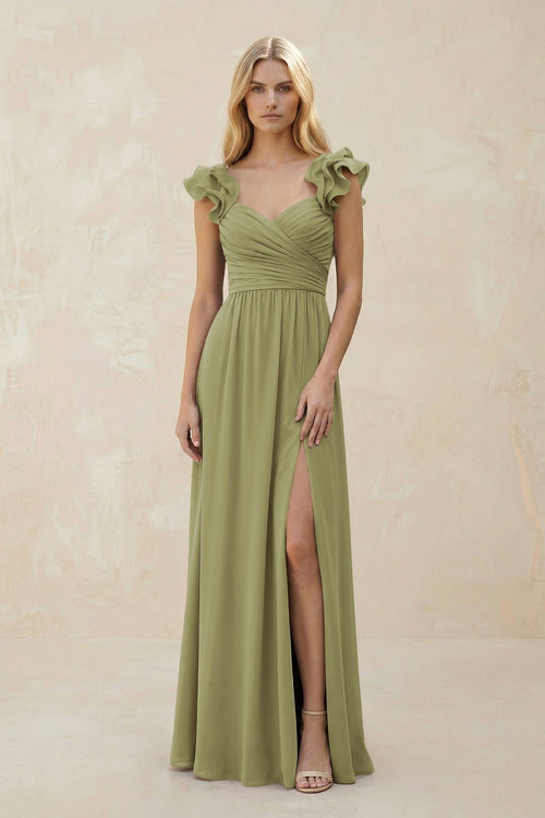 Ruffled Sleeves A - Line Chiffon Sweetheart Bridesmaid Dress in Moss Green - KissProm Bridesmaid Dresses
