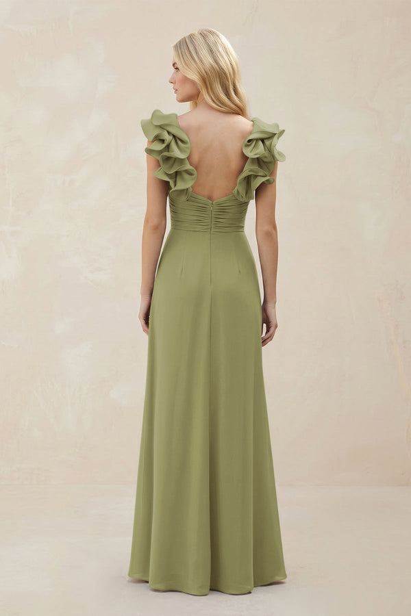 Ruffled Sleeves A - Line Chiffon Sweetheart Bridesmaid Dress in Moss Green - KissProm Bridesmaid Dresses