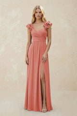 Ruffled Sleeves A - Line Chiffon Sweetheart Bridesmaid Dress in Mulberry - KissProm Bridesmaid Dresses