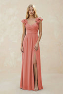 Ruffled Sleeves A - Line Chiffon Sweetheart Bridesmaid Dress in Mulberry - KissProm Bridesmaid Dresses