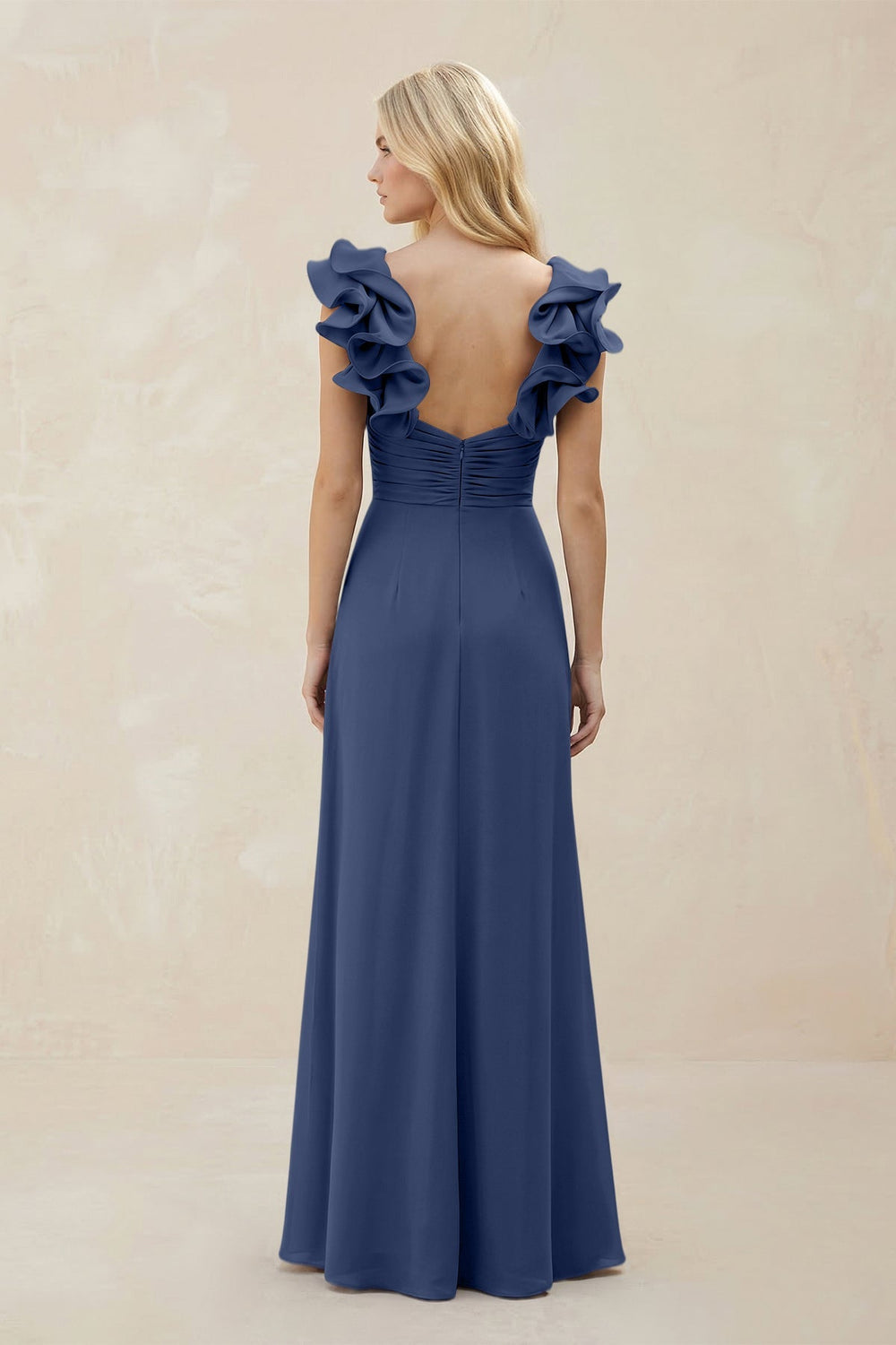 Ruffled Sleeves A - Line Chiffon Sweetheart Bridesmaid Dress in Navy - KissProm Bridesmaid Dresses