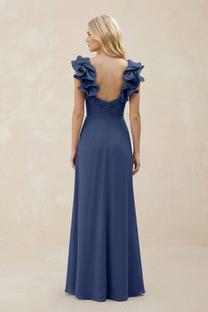 Ruffled Sleeves A - Line Chiffon Sweetheart Bridesmaid Dress in Navy - KissProm Bridesmaid Dresses