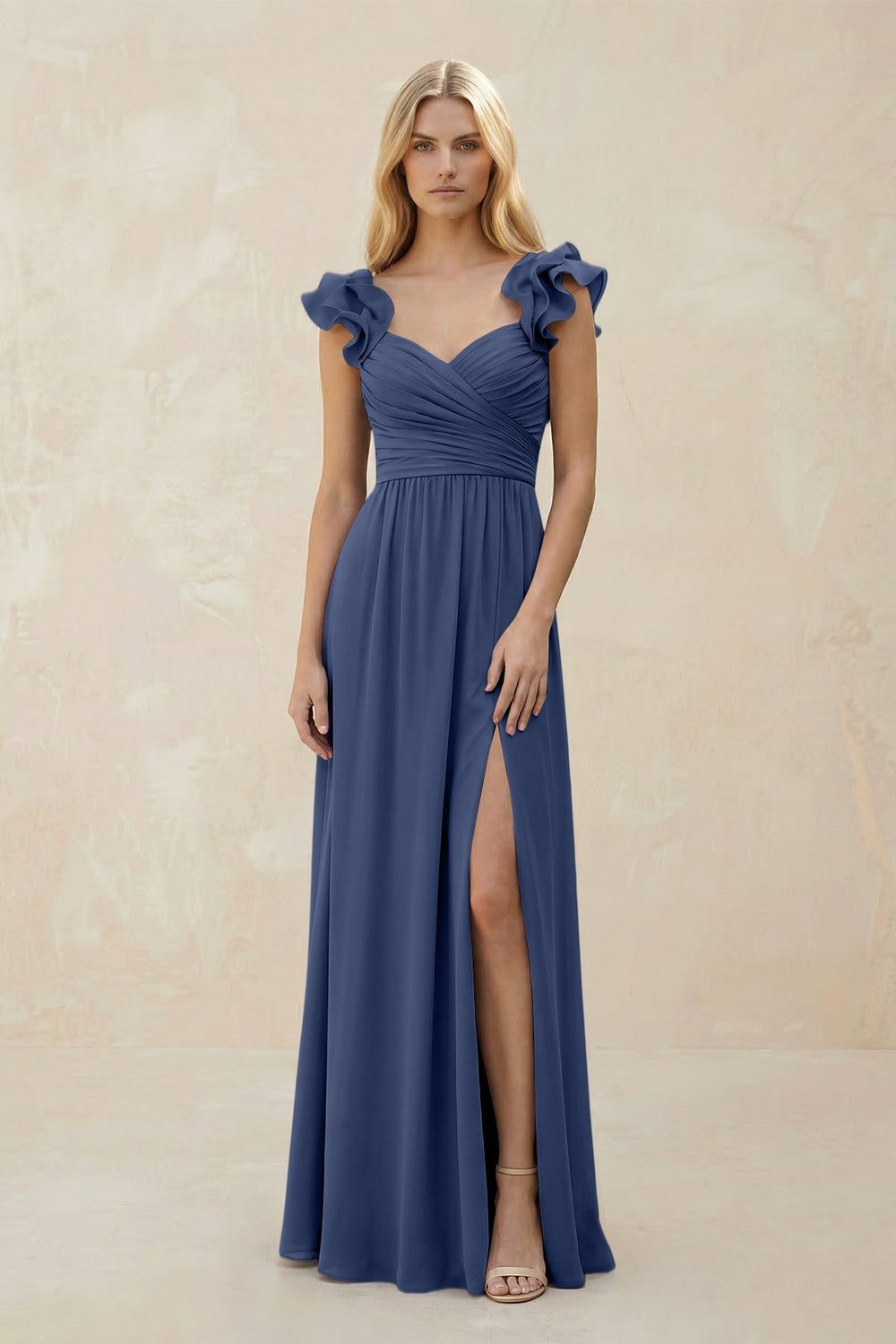 Ruffled Sleeves A - Line Chiffon Sweetheart Bridesmaid Dress in Navy - KissProm Bridesmaid Dresses