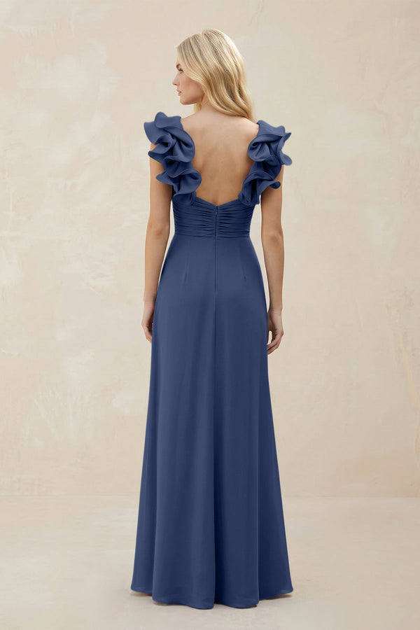 Ruffled Sleeves A - Line Chiffon Sweetheart Bridesmaid Dress in Navy - KissProm Bridesmaid Dresses
