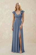 Ruffled Sleeves A - Line Chiffon Sweetheart Bridesmaid Dress in Neptune - KissProm Bridesmaid Dresses