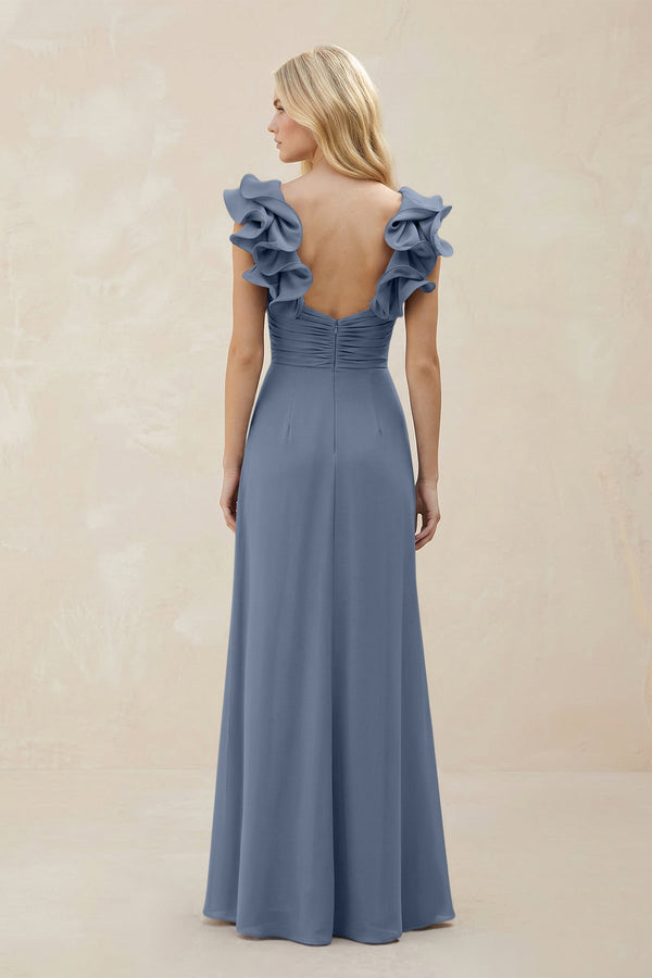 Ruffled Sleeves A - Line Chiffon Sweetheart Bridesmaid Dress in Neptune - KissProm Bridesmaid Dresses