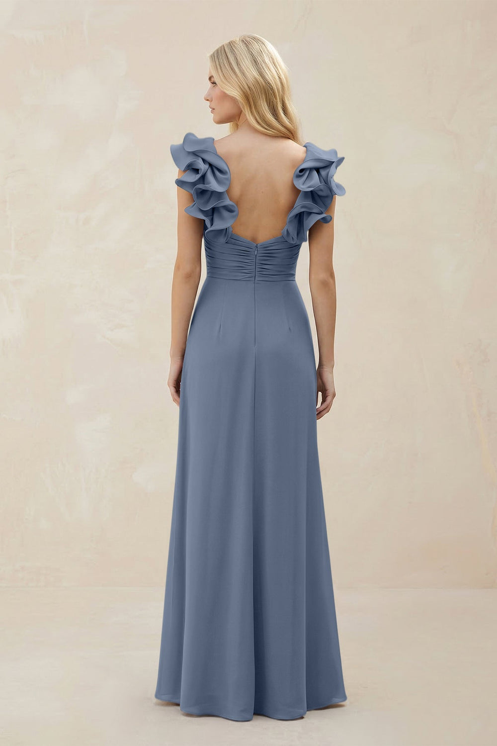 Ruffled Sleeves A - Line Chiffon Sweetheart Bridesmaid Dress in Neptune - KissProm Bridesmaid Dresses