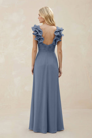 Ruffled Sleeves A - Line Chiffon Sweetheart Bridesmaid Dress in Neptune - KissProm Bridesmaid Dresses