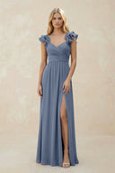 Ruffled Sleeves A - Line Chiffon Sweetheart Bridesmaid Dress in Neptune - KissProm Bridesmaid Dresses