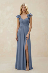 Ruffled Sleeves A - Line Chiffon Sweetheart Bridesmaid Dress in Neptune - KissProm Bridesmaid Dresses