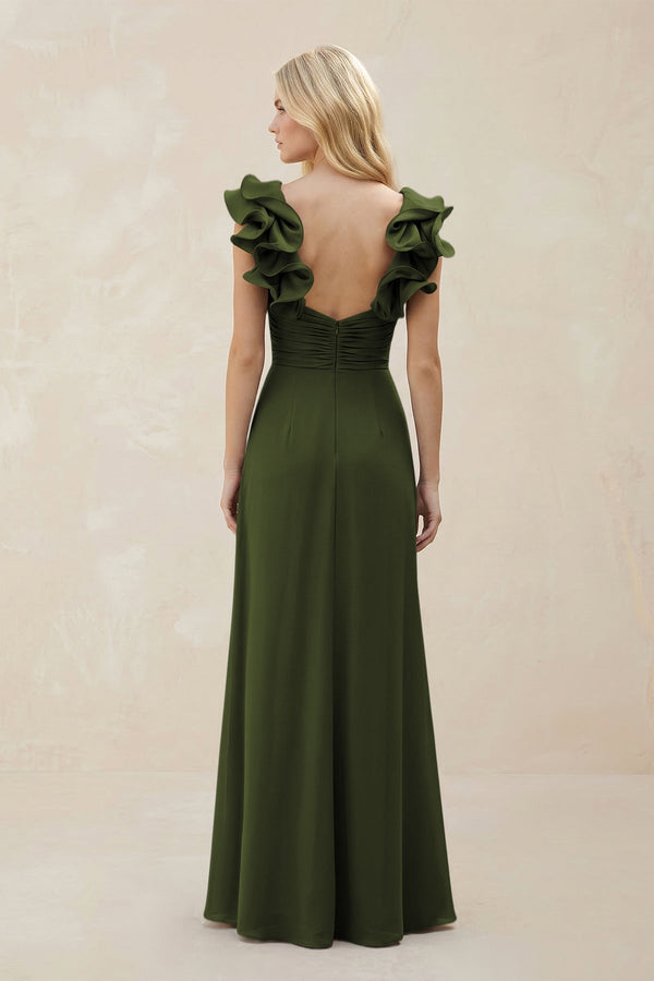 Ruffled Sleeves A - Line Chiffon Sweetheart Bridesmaid Dress in Olive - KissProm Bridesmaid Dresses