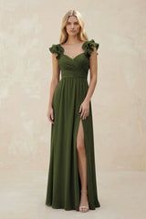 Ruffled Sleeves A - Line Chiffon Sweetheart Bridesmaid Dress in Olive - KissProm Bridesmaid Dresses