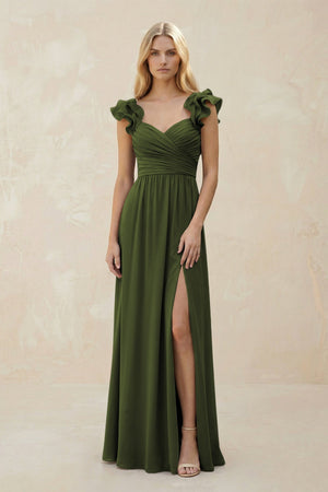Ruffled Sleeves A - Line Chiffon Sweetheart Bridesmaid Dress in Olive - KissProm Bridesmaid Dresses