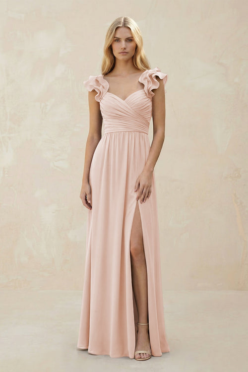 Ruffled Sleeves A - Line Chiffon Sweetheart Bridesmaid Dress in Pale Blush - KissProm Bridesmaid Dresses