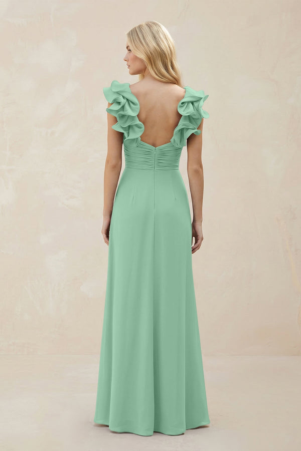 Ruffled Sleeves A - Line Chiffon Sweetheart Bridesmaid Dress in Pale Pistachio - KissProm Bridesmaid Dresses