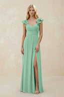 Ruffled Sleeves A - Line Chiffon Sweetheart Bridesmaid Dress in Pale Pistachio - KissProm Bridesmaid Dresses