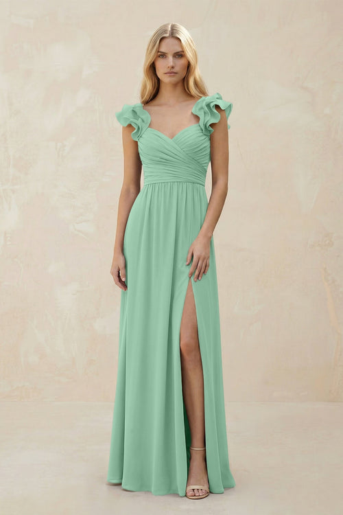 Ruffled Sleeves A - Line Chiffon Sweetheart Bridesmaid Dress in Pale Pistachio - KissProm Bridesmaid Dresses