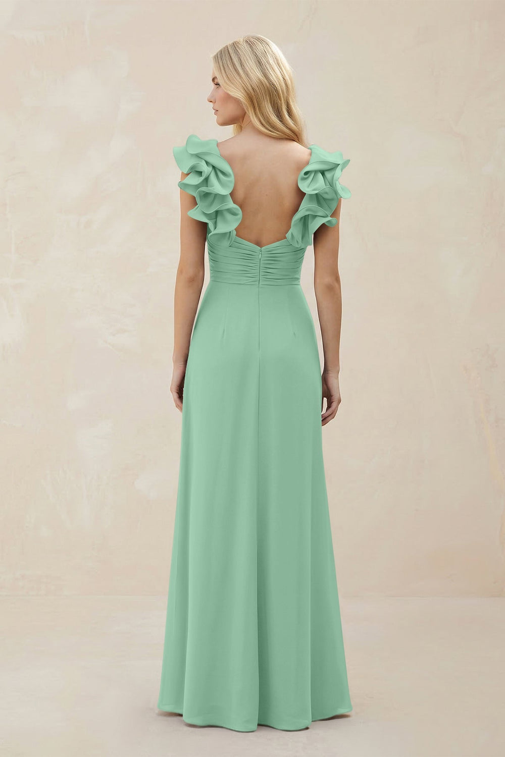 Ruffled Sleeves A - Line Chiffon Sweetheart Bridesmaid Dress in Pale Pistachio - KissProm Bridesmaid Dresses