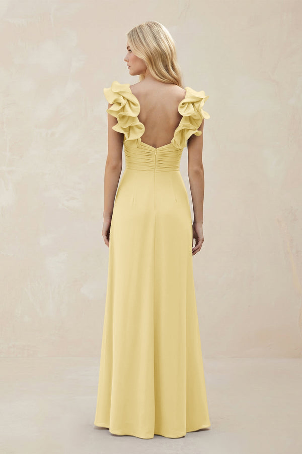 Ruffled Sleeves A - Line Chiffon Sweetheart Bridesmaid Dress in Pastel Yellow - KissProm Bridesmaid Dresses