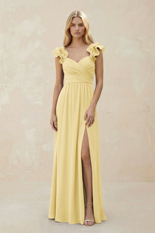 Ruffled Sleeves A - Line Chiffon Sweetheart Bridesmaid Dress in Pastel Yellow - KissProm Bridesmaid Dresses