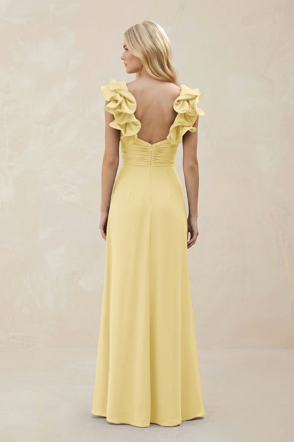 Ruffled Sleeves A - Line Chiffon Sweetheart Bridesmaid Dress in Pastel Yellow - KissProm Bridesmaid Dresses