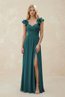 Ruffled Sleeves A - Line Chiffon Sweetheart Bridesmaid Dress in Pine - KissProm Bridesmaid Dresses