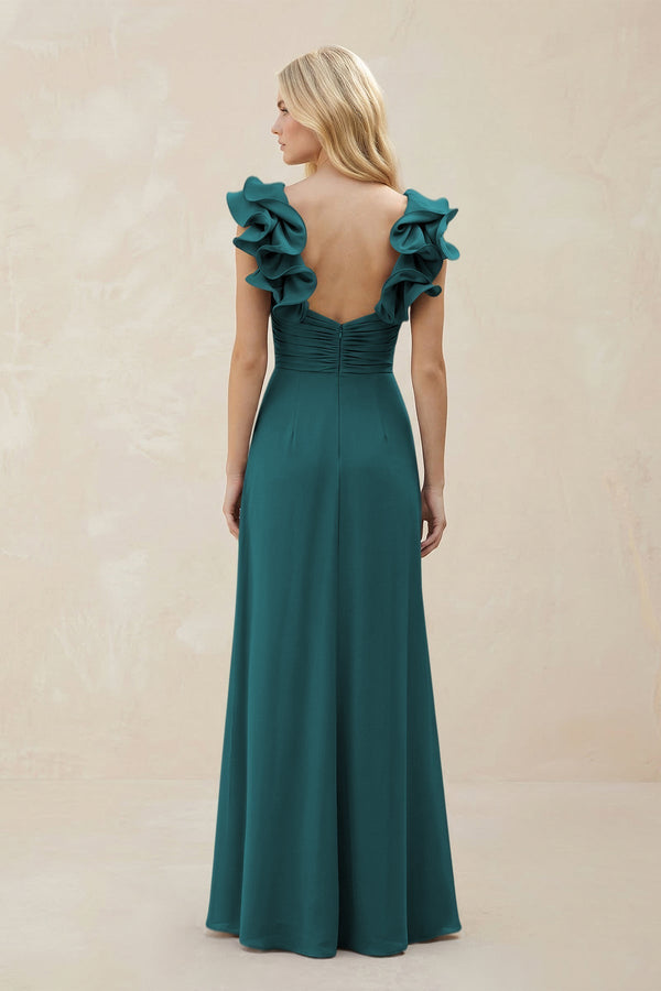 Ruffled Sleeves A - Line Chiffon Sweetheart Bridesmaid Dress in Pine - KissProm Bridesmaid Dresses