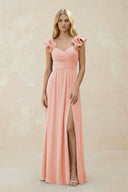 Ruffled Sleeves A - Line Chiffon Sweetheart Bridesmaid Dress in Rose Petal - KissProm Bridesmaid Dresses