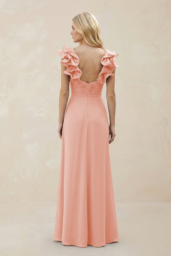 Ruffled Sleeves A - Line Chiffon Sweetheart Bridesmaid Dress in Rose Petal - KissProm Bridesmaid Dresses