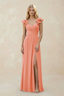 Ruffled Sleeves A - Line Chiffon Sweetheart Bridesmaid Dress in Rosette - KissProm Bridesmaid Dresses