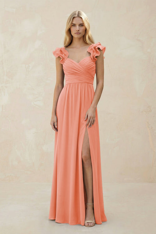 Ruffled Sleeves A - Line Chiffon Sweetheart Bridesmaid Dress in Rosette - KissProm Bridesmaid Dresses