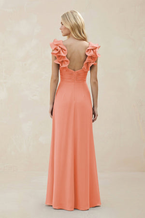 Ruffled Sleeves A - Line Chiffon Sweetheart Bridesmaid Dress in Rosette - KissProm Bridesmaid Dresses