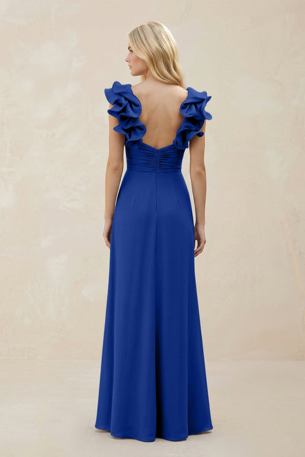 Ruffled Sleeves A - Line Chiffon Sweetheart Bridesmaid Dress in Royal Blue - KissProm Bridesmaid Dresses