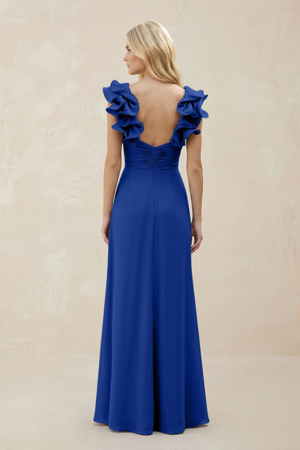 Ruffled Sleeves A - Line Chiffon Sweetheart Bridesmaid Dress in Royal Blue - KissProm Bridesmaid Dresses