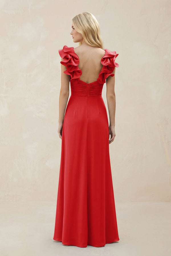 Ruffled Sleeves A - Line Chiffon Sweetheart Bridesmaid Dress in Ruby Red - KissProm Bridesmaid Dresses