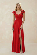 Ruffled Sleeves A - Line Chiffon Sweetheart Bridesmaid Dress in Ruby Red - KissProm Bridesmaid Dresses
