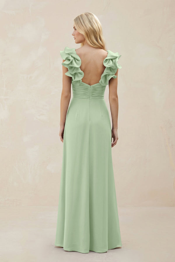 Ruffled Sleeves A - Line Chiffon Sweetheart Bridesmaid Dress in Sage - KissProm Bridesmaid Dresses