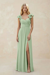 Ruffled Sleeves A - Line Chiffon Sweetheart Bridesmaid Dress in Sage - KissProm Bridesmaid Dresses