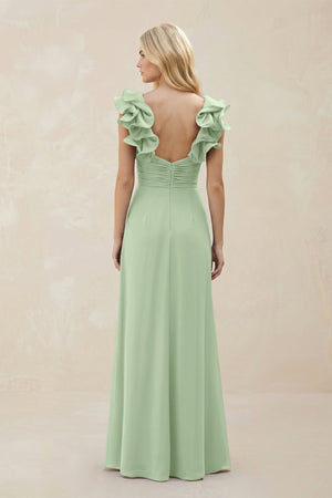 Ruffled Sleeves A - Line Chiffon Sweetheart Bridesmaid Dress in Sage - KissProm Bridesmaid Dresses