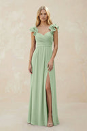 Ruffled Sleeves A - Line Chiffon Sweetheart Bridesmaid Dress in Sage - KissProm Bridesmaid Dresses