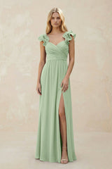 Ruffled Sleeves A - Line Chiffon Sweetheart Bridesmaid Dress in Sage - KissProm Bridesmaid Dresses