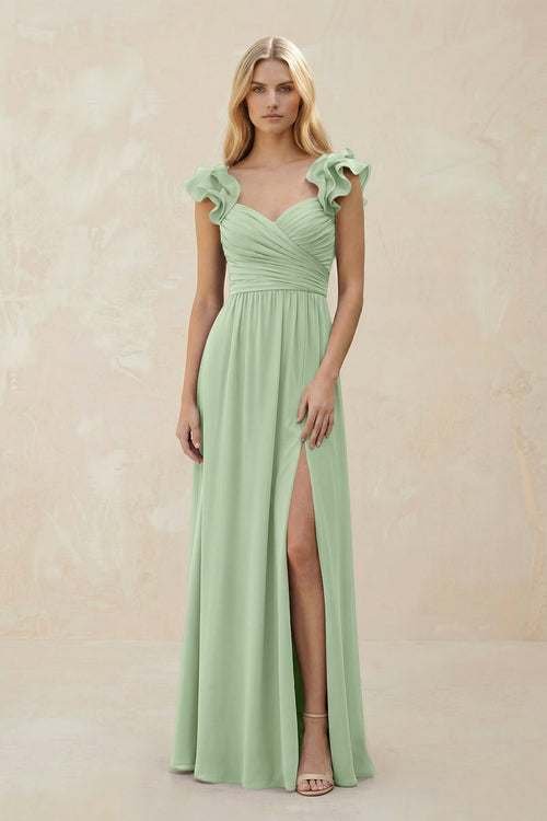 Ruffled Sleeves A - Line Chiffon Sweetheart Bridesmaid Dress in Sage - KissProm Bridesmaid Dresses