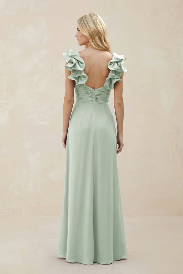 Ruffled Sleeves A - Line Chiffon Sweetheart Bridesmaid Dress in Sage - KissProm Bridesmaid Dresses