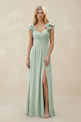 Ruffled Sleeves A - Line Chiffon Sweetheart Bridesmaid Dress in Sage - KissProm Bridesmaid Dresses