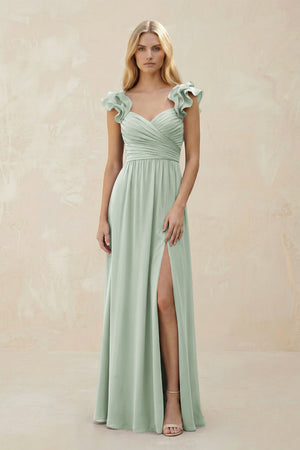 Ruffled Sleeves A - Line Chiffon Sweetheart Bridesmaid Dress in Sage - KissProm Bridesmaid Dresses